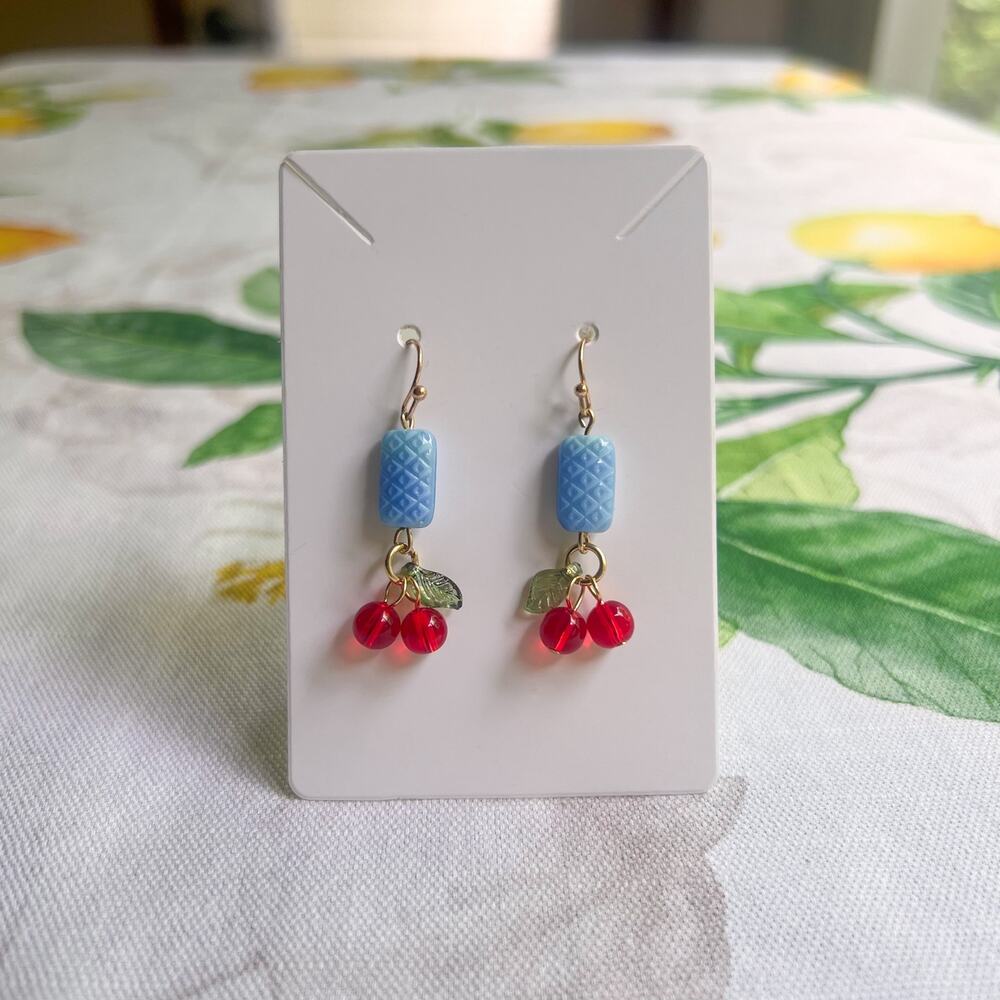Cherry Earrings, Unique Czech Glass Blue Quilt Cottagecore Casual Fun Earrings